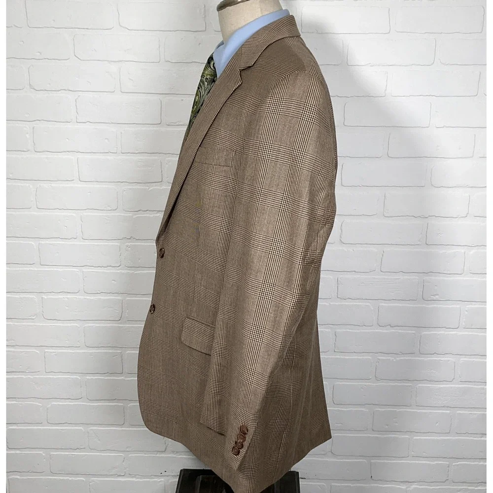 Lauren Ralph Lauren Blazer‎ 44L Brown Blue Glen Plaid Silk Wool Classic Jacket